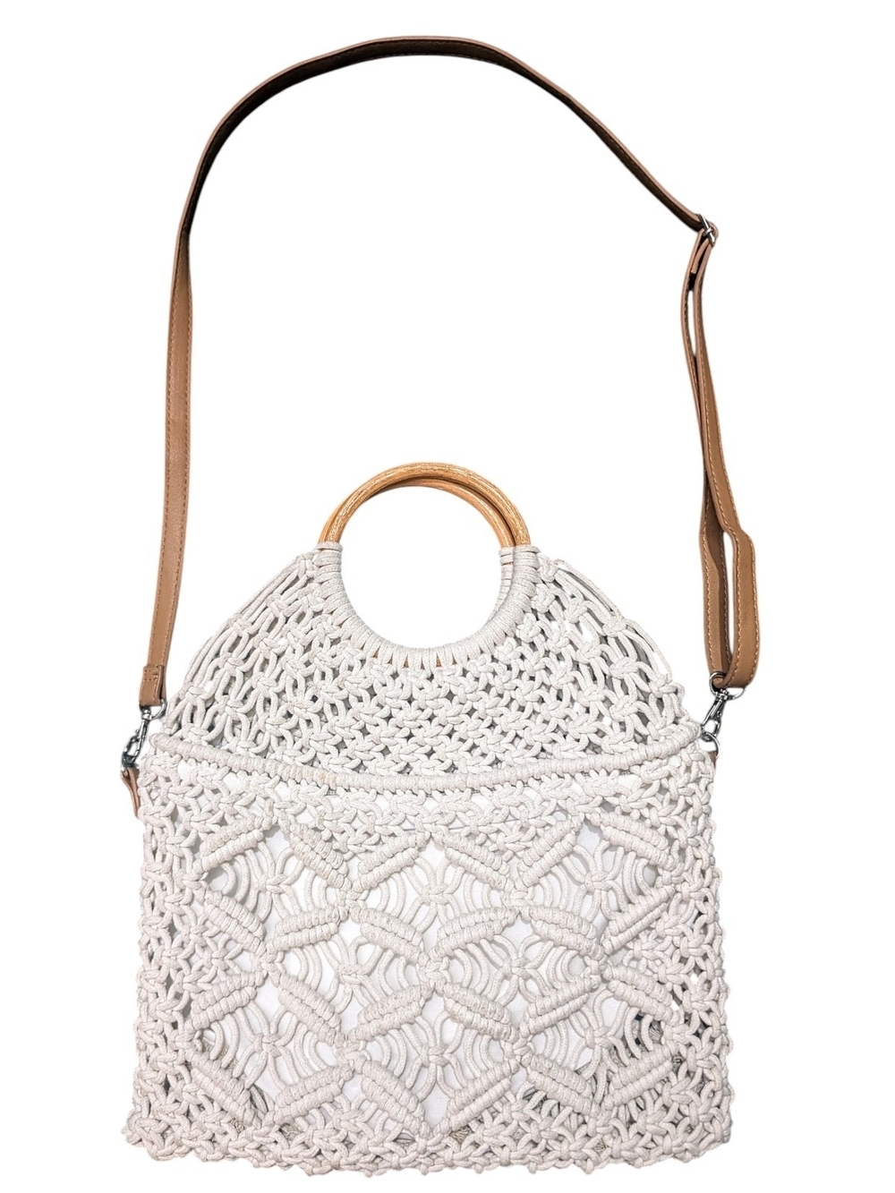 Vince Camuto Ivory Macramé Crochet Tote Bag Wood Handle Crossbody Beach Boho